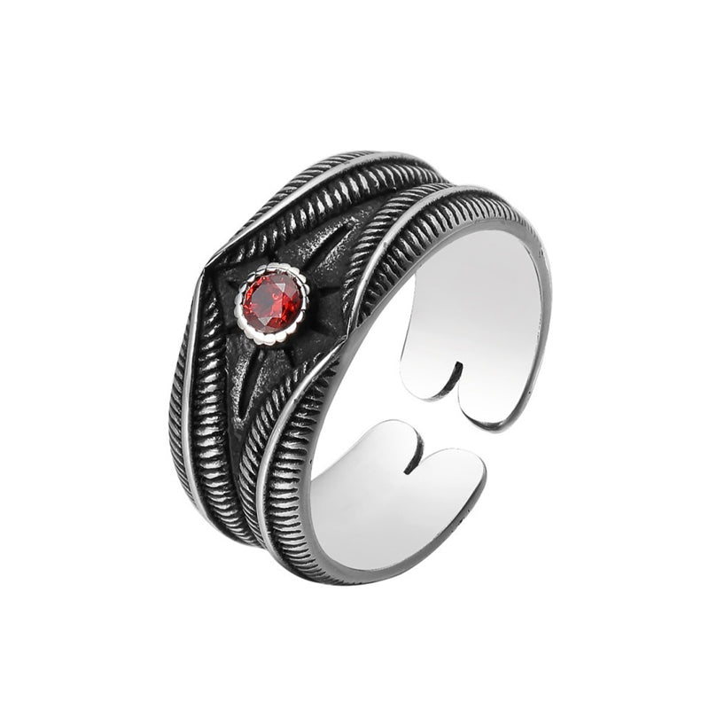 Wide Feathered S925 Silver & Red Zircon Ring - Ideal Place Market