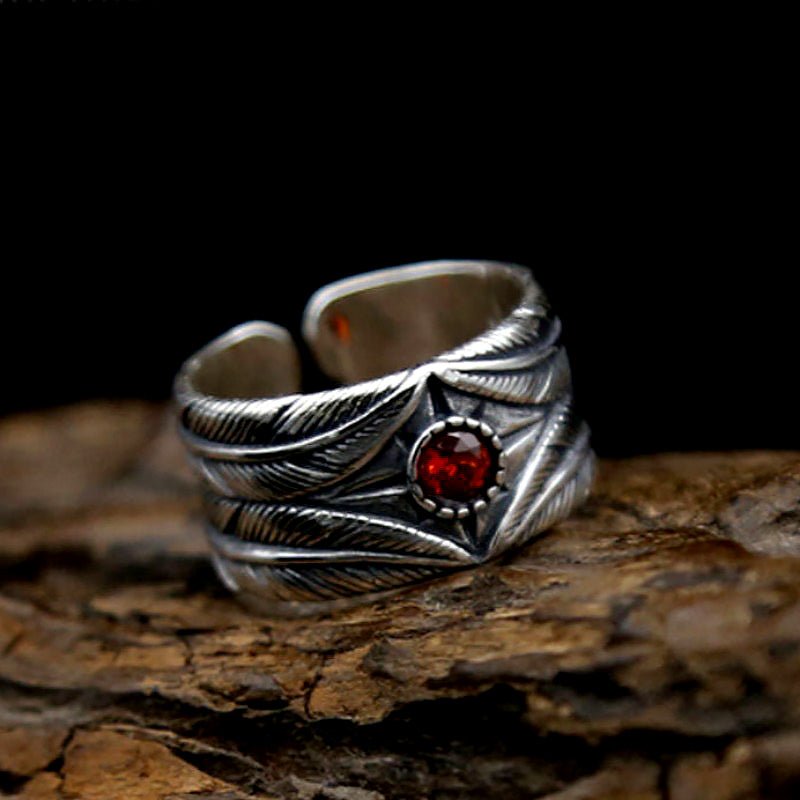 Wide Feathered S925 Silver & Red Zircon Ring - Ideal Place Market