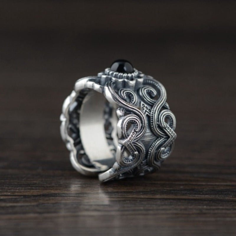 Wide Flowered Black Onyx S925 Silver Ring - Ideal Place Market