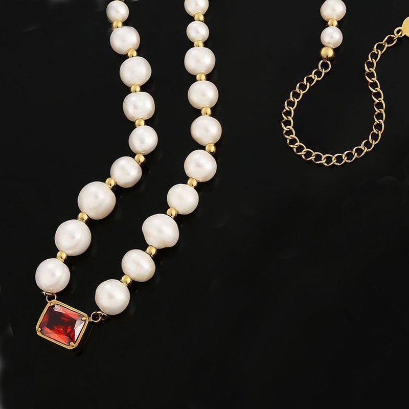 Women's Freshwater Pearl Beaded Necklace with Red Zircon Pendant - Ideal Place Market