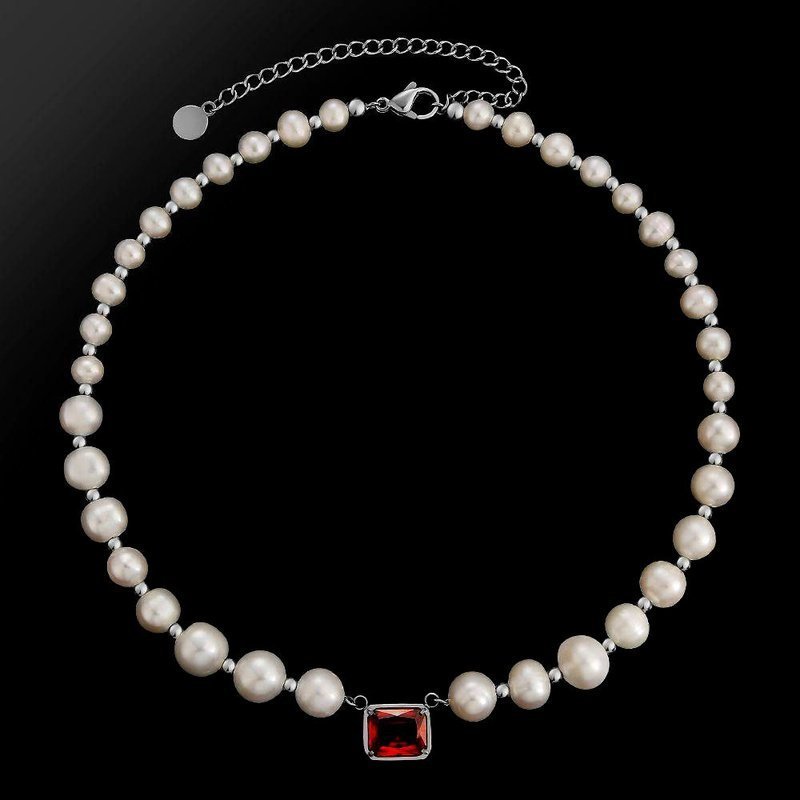 Women's Freshwater Pearl Beaded Necklace with Red Zircon Pendant - Ideal Place Market